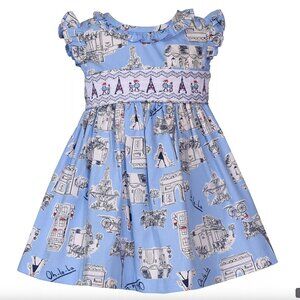 Baby Girls French Blue Paris Themed Smocked Ruffle Dress With Diaper Cover 6-9 M
